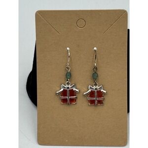 Silver Tone Red Bow With Green Bead Dangle Earrings
